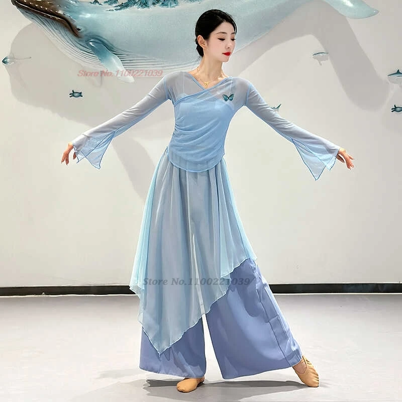 

2026 chinese vintage dance costume traditional mesh hanfu tops+pants set retro training exercise stage performance dance suit