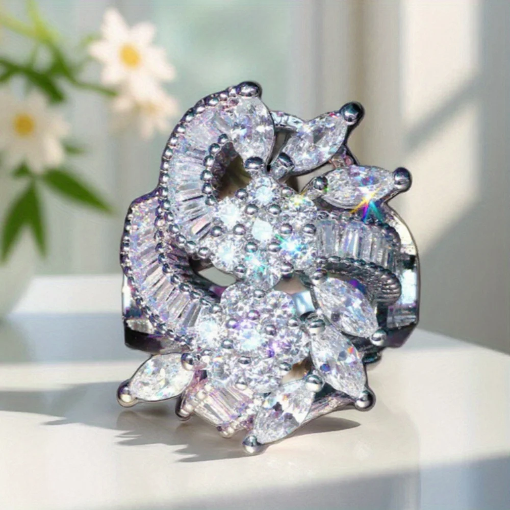 1 Pc High Synthetic Zirconia Flower Ring Fashion Personality Ring Bride Engagement Commitment Wedding Anniversary  Daily Wear Gifts Engagement Ring Valentine's Day Gift Mother's Day Gift Fashion Jewelry for Friends Wife Lover Lover Mothe