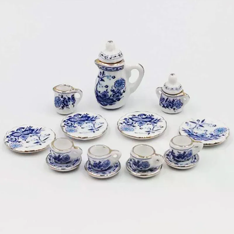 

[H]15Pcs 1:12 Dollhouse Miniature Tableware Porcelain Ceramic Tea Cup Set