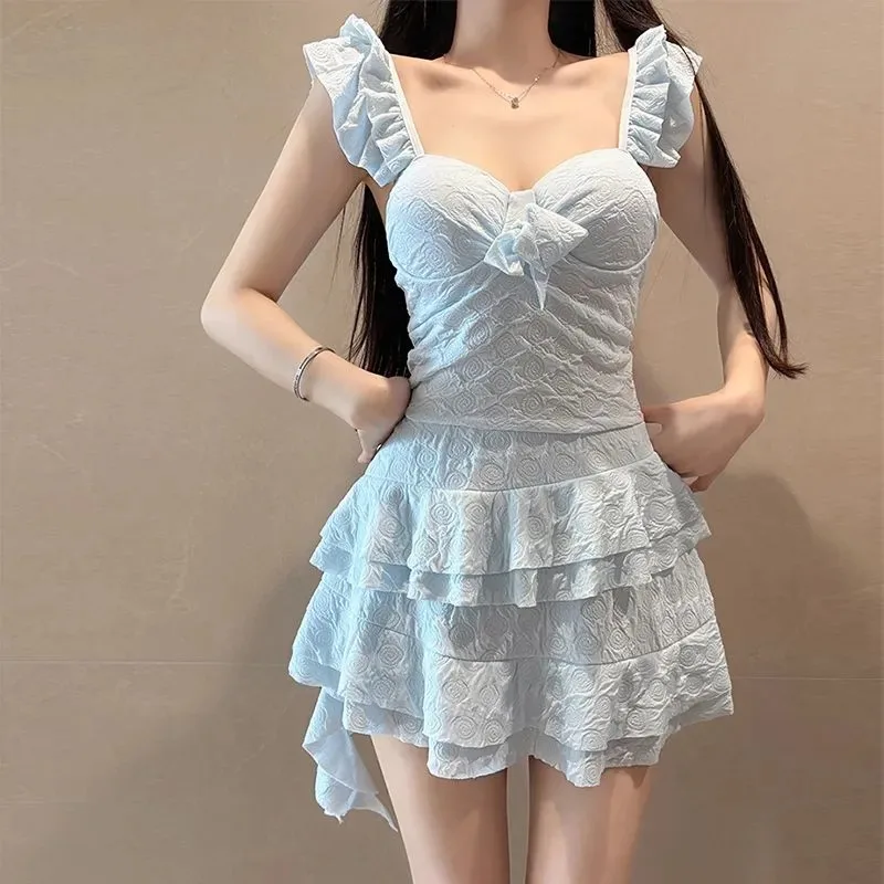 

Женский цельный купальник в стиле принцессы с рюшами и многослойной юбкой, милый, в корейском стиле, стройнящий, пляжная одежда для отпуска