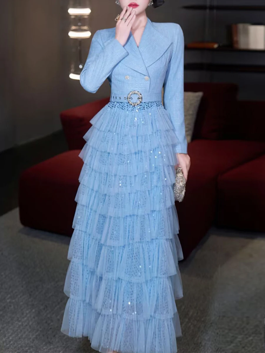 Vgh escritório elegante retalhos lantejoulas vestidos para mulheres lapela manga longa cintura alta emendado em camadas malha festa bolo vestido feminino
