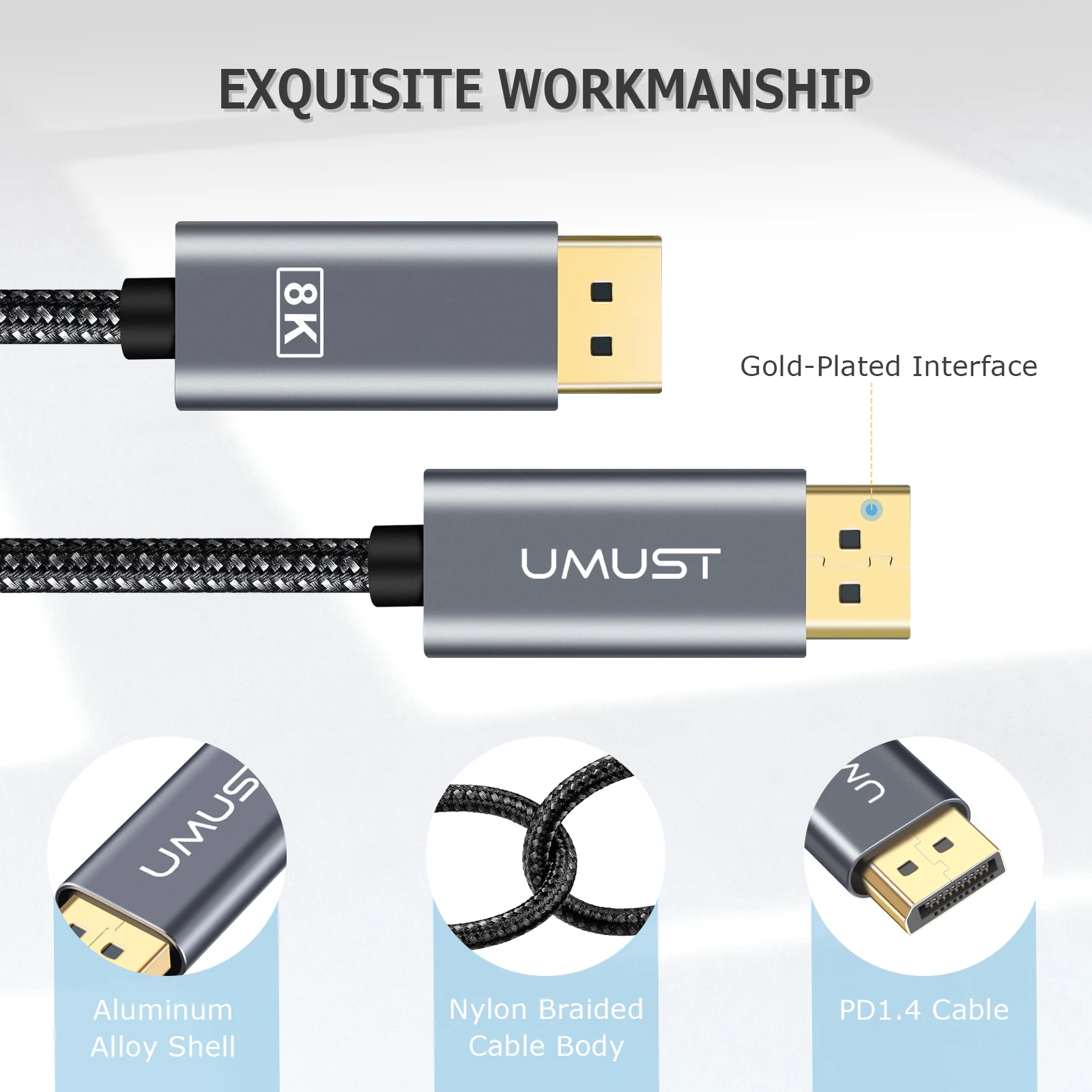 UMUST 8K DisplayPort 1.4 Cable DP to DP Cable 8k@60hz/4k@144hz Gold Plated Dynamic HDR Suppor Cable for Gaming Monitor, PC Etc