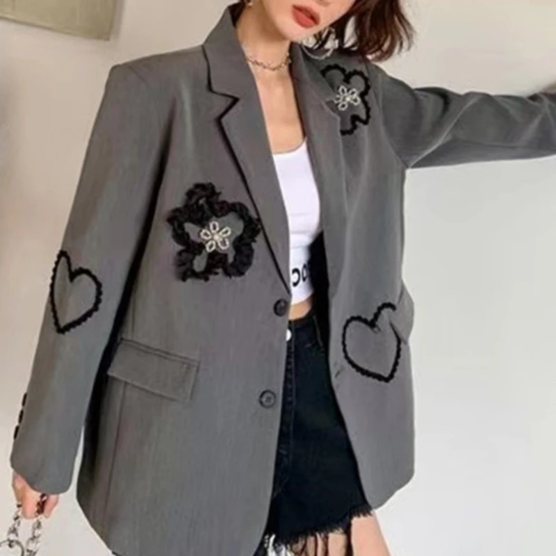 Blazers Women Three-dimensional Flower Embroidery Casual Temperament Korean Fashion Loose Fit Unique Coats Autumn Female Y2k