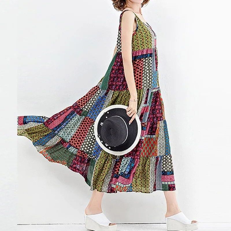 Bohemian O-neck Sleeveless Loose Waist Vintage Fashion Dress Straight Print Retro Patchwork Summer Mid Calf Women Female 2022
