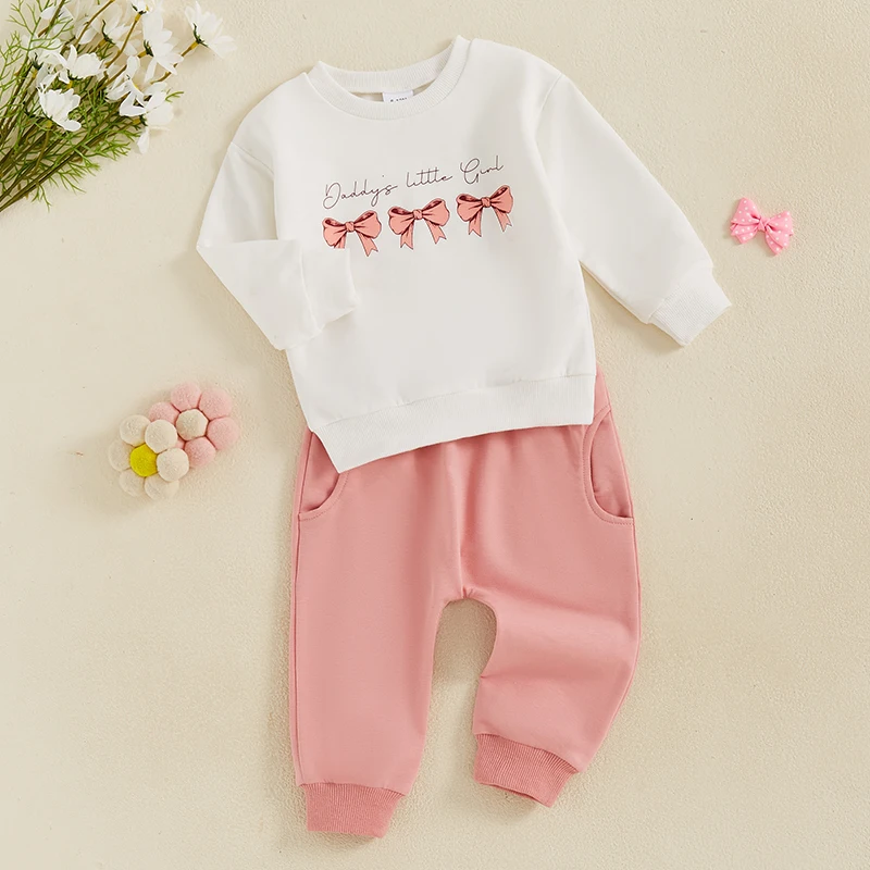 Infant Girls 2 Piece Autumn Outfits with Long Sleeve O Neck Letter Print Top and Drawstring Pants Set Featuring Bow Detail