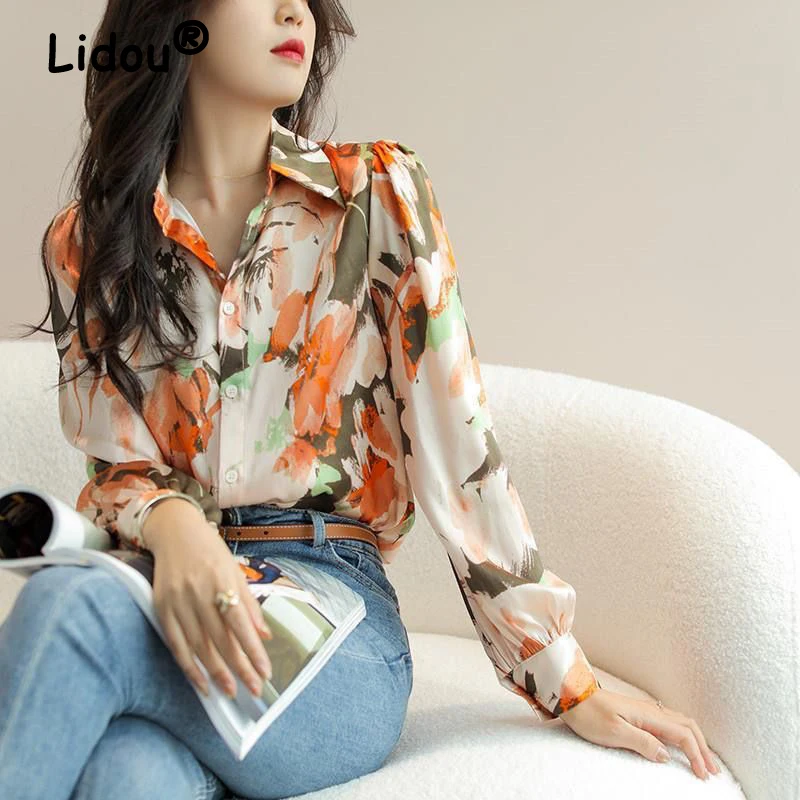 Vintage Floral Print Elegant Chic Sweet Commute Top Blouse Women Spring Autumn Fashion Casual Long Sleeve Street Shirts Blusas