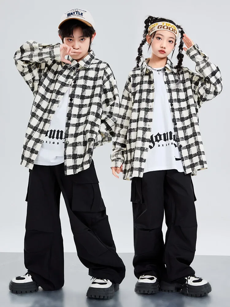 Hip Hop Jungen Kariertes Hemd Cargo Hosen Mädchen K-pop Kleidung Jazz Dance Sets Kinder Streetwear Kinder Straße Kostüm