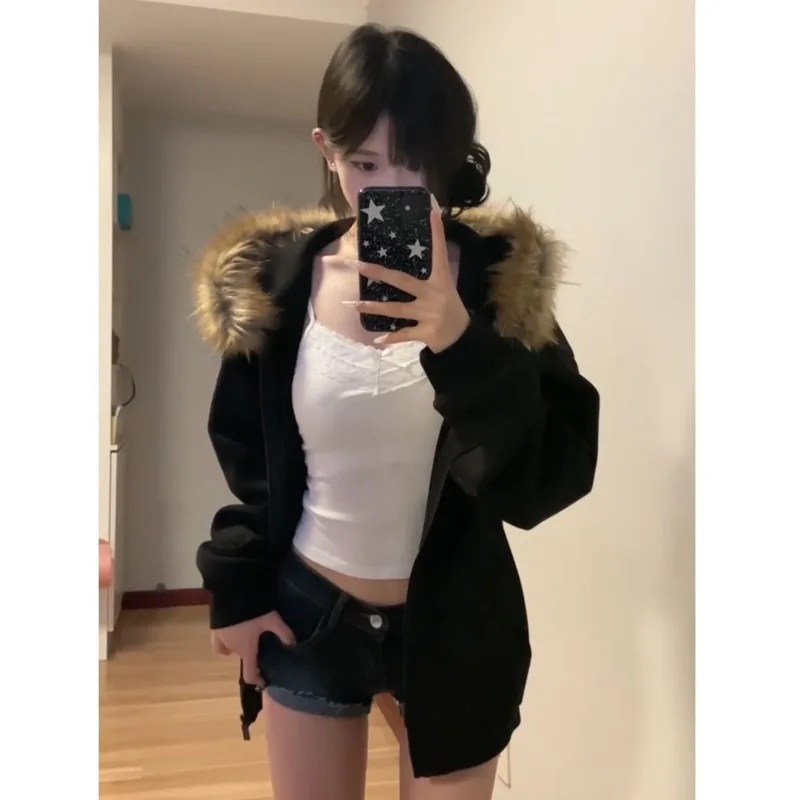 Korean Vintage Women Black Zip Up Hoodies Loose Preppy Style Faux Fur Coats Autumn Winter Harajuku Oversized Casual Sweatshirt