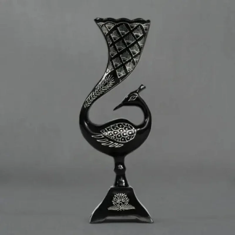 Handcrafted 8-inch eco-friendly metal peacock display, silver inlay,
