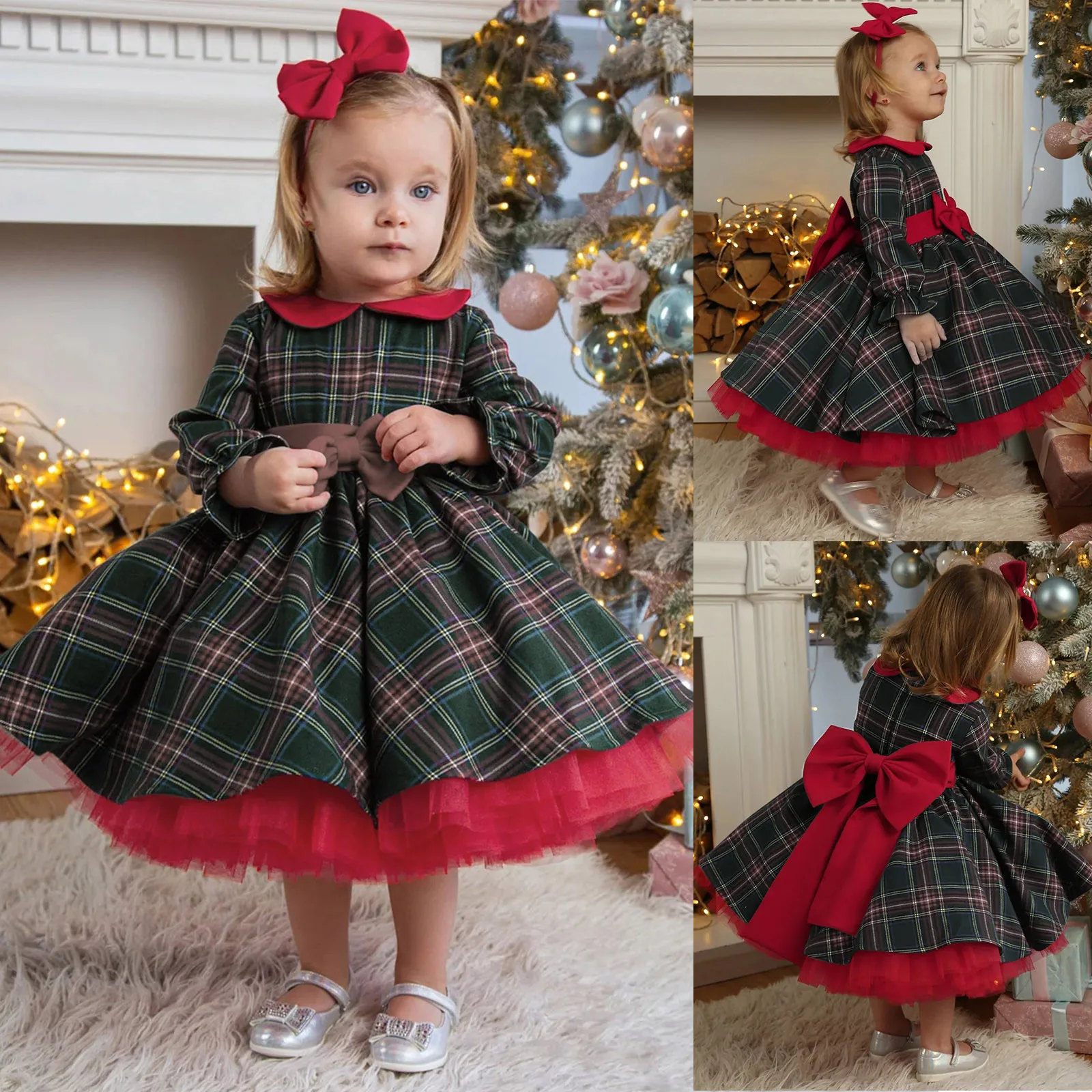 

2025 Christmas Toddler Kids Baby Girl Princess Dress Red Plaid Ruffles Lace Tutu Dress Children Girl Puff Sleeve Xmas Dress 1-6Y