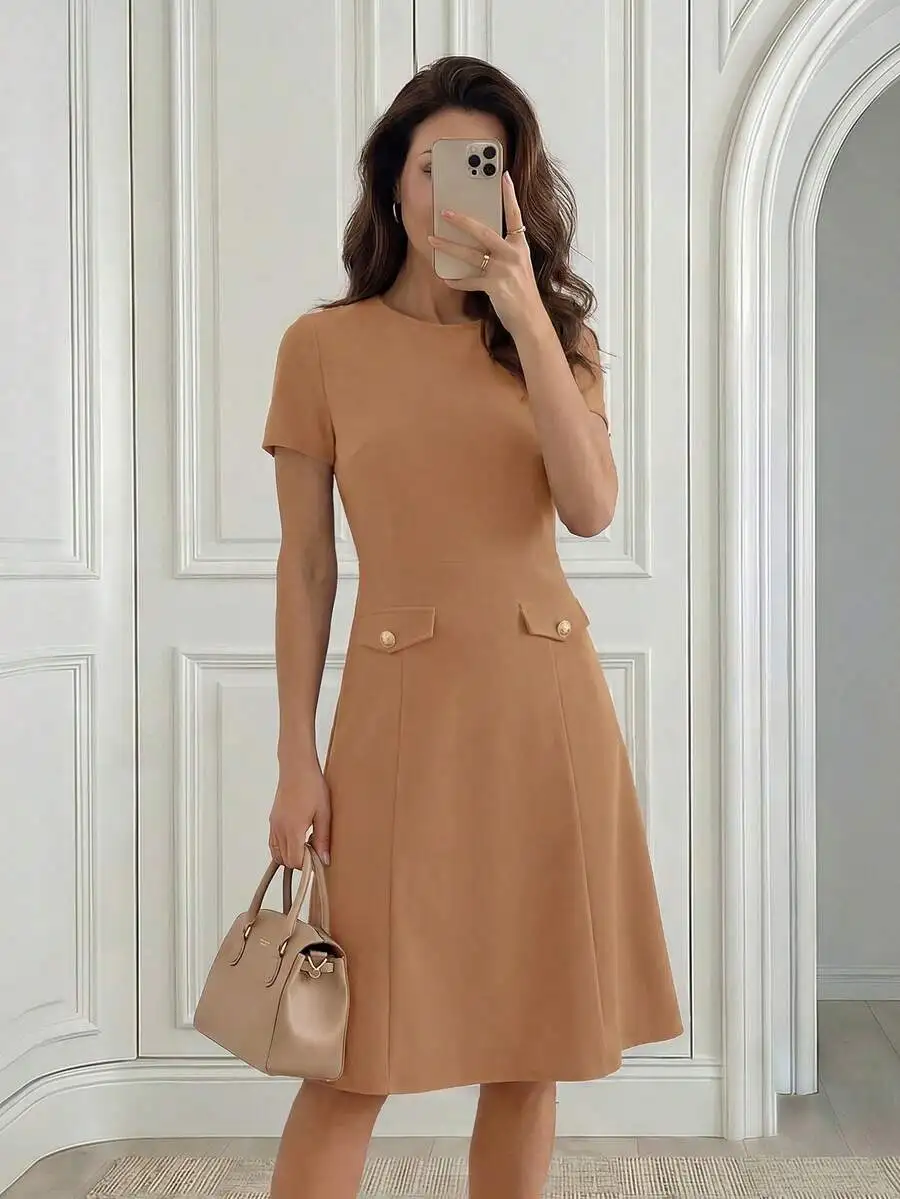 

Womens Beige Solid A-Line Midi Dress With Pocket Detail