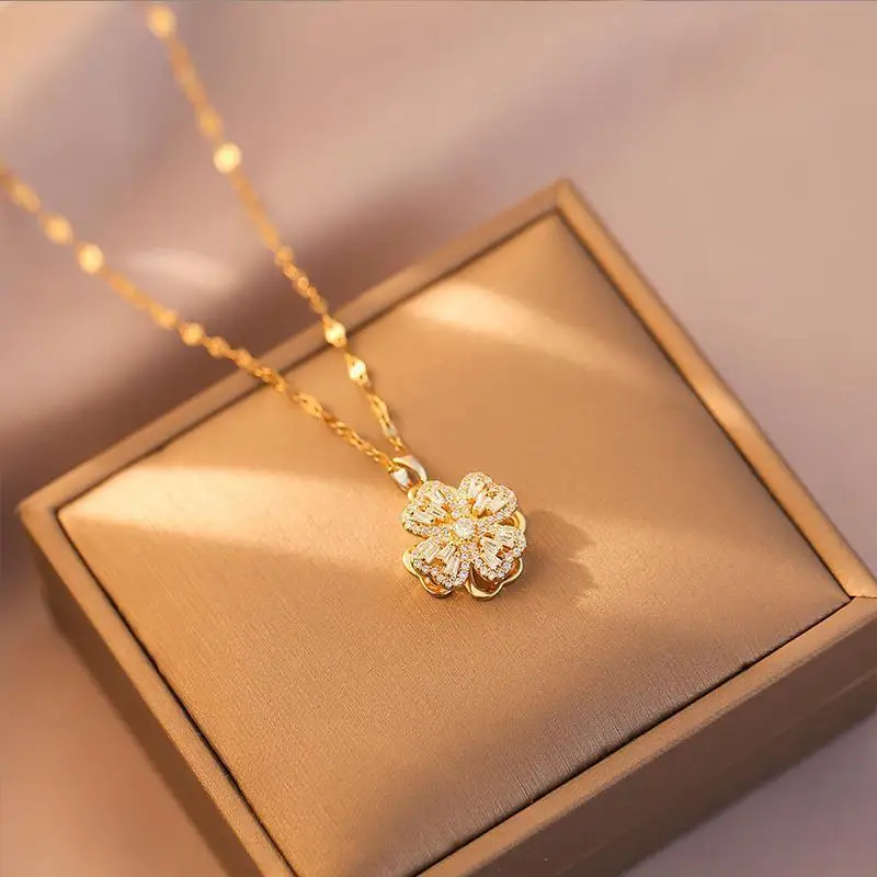 

10 Pieces Stainless Steel Rotating Love Splicing Zircon Flower Necklace Ring Set Holiday Gift Fashion Jewelry for Women