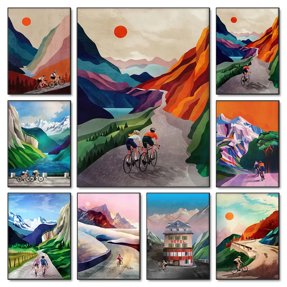 

Cycling Couple Art Print Cycling Poster Cycling High In The Mountains Canvas Painting Wall Art For Home Room Cuadros Decor Gifts
