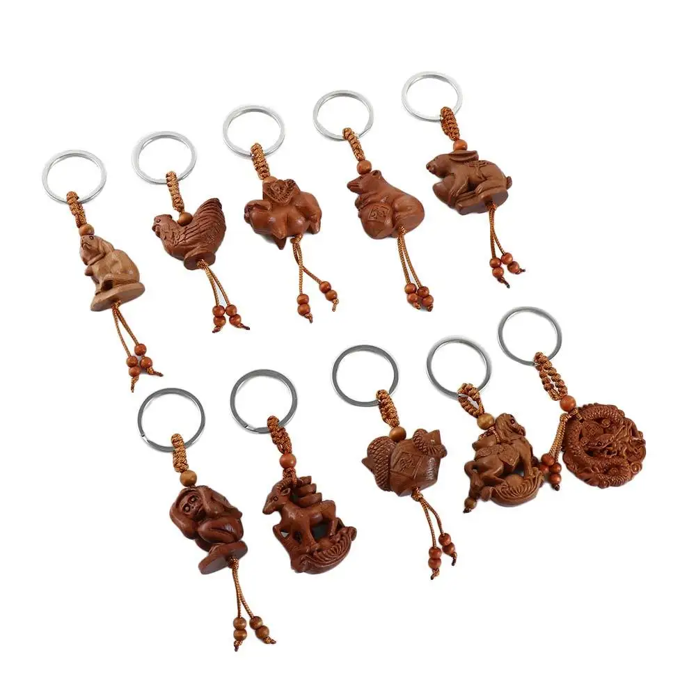 Acessórios para cães presente chaveiro sorte fengshui étnico carro chaveiro gravura madeira mogno chinês 12 zodíaco