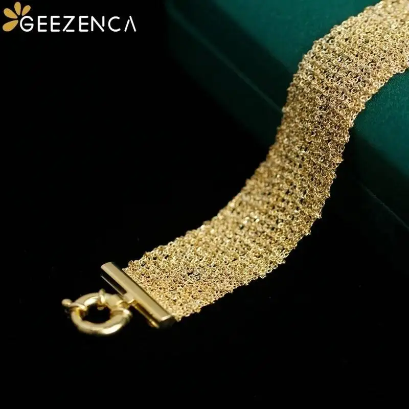 GEEZENCA Italy Luxury 925 Silver 18K Gold Mesh Chain Woven Flat Bracelet Women Sparkling Dainty Wide Bracelets Love Gift For Her