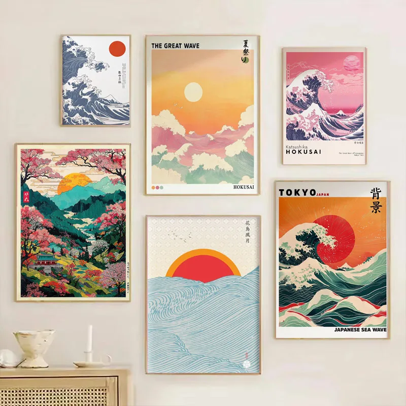 Póster de paisaje del templo del amanecer clásico Retro con estampado de ondas de Monte Fuji japonés, decoración para el hogar y la sala de estar, regalo