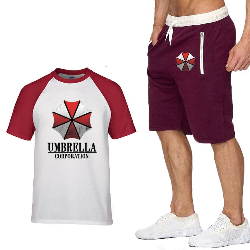 New Summer Men’s T-Shirts Umbrella Corporation Printed Raglan Short Sleeve High Quality Cotton Men's T-shirt+Shorts Suit 2pcs