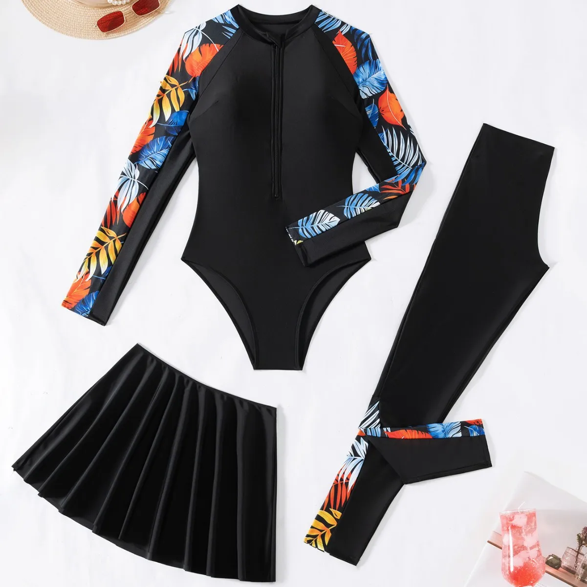 2025 новый, изготовленный на заказ европейский и американский женский бикини из трех частей с длинными рукавами и молнией спереди, мусульманский купальник