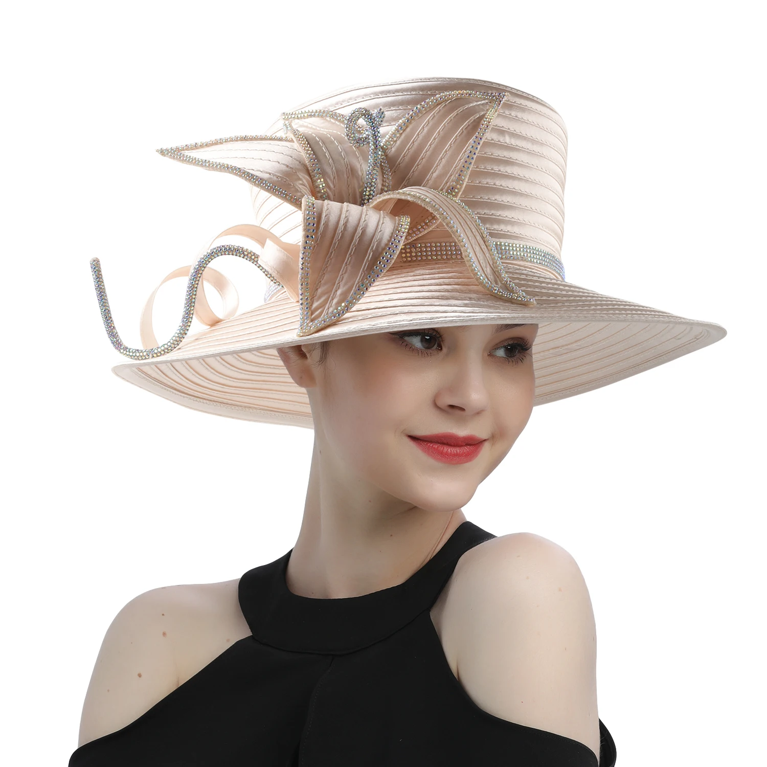 Flower Satin Cloth Rhinestone Church Hat Photography Top Hat Fashion Female Banquet Fascinator Wedding Formal Hat Women Ladies