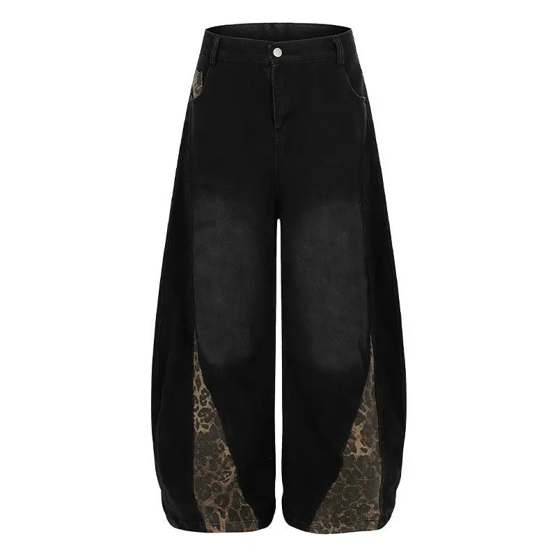 plus Size Wide Leg Men's Jeans Leopard Print Patchwork Knife  Bootcut Casual Loose Fit Denim Pants Autumn Winter Youth Style