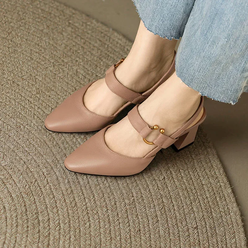 High Heels Women\'s Shoes Pointed Toe Sandals for Woman Block Heel Buckles Footwear One Word Leather Summer 2024 Vintage Trend H