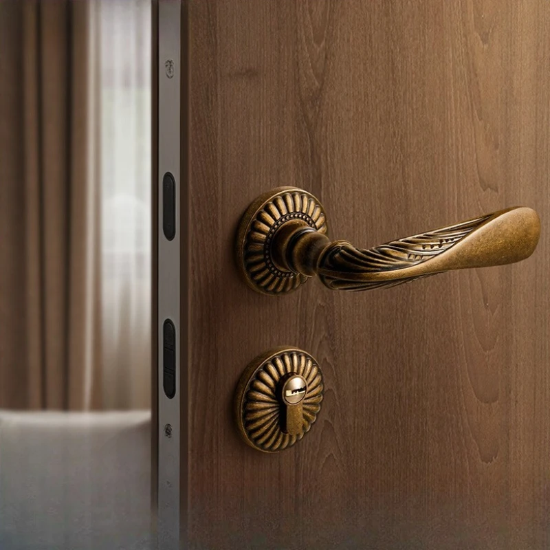 

‌French Door Knob Antique Brass Lock Vintage Wooden Door Hardware Silent Close Magnetic Latch Bedroom Interior Door Handle Set