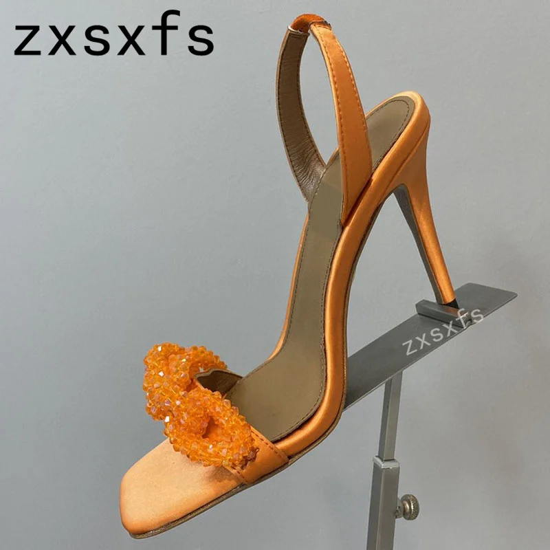 

2023 Summer New High Quality Satin Thin High Heels Sandals For Women Slip On Peep Toe Pumps Brand Designer Sexy Party Shoes