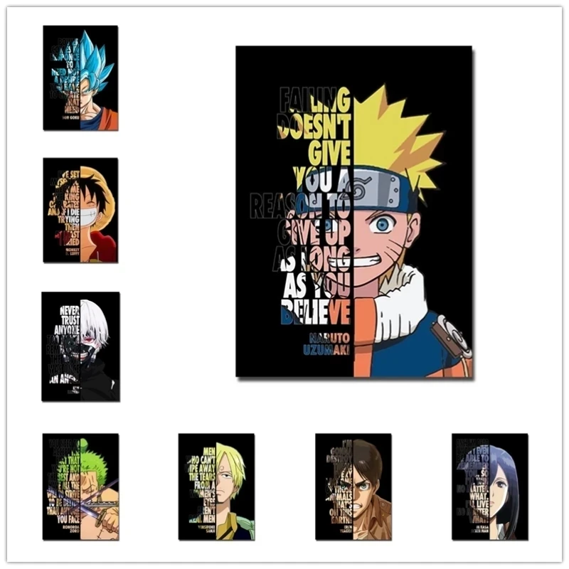 Naruto Print One Piece Picture Dragon Ball Anime Canvas Painting Motivational Quote Letter Poster Luffy Goku Manga For Boys Room