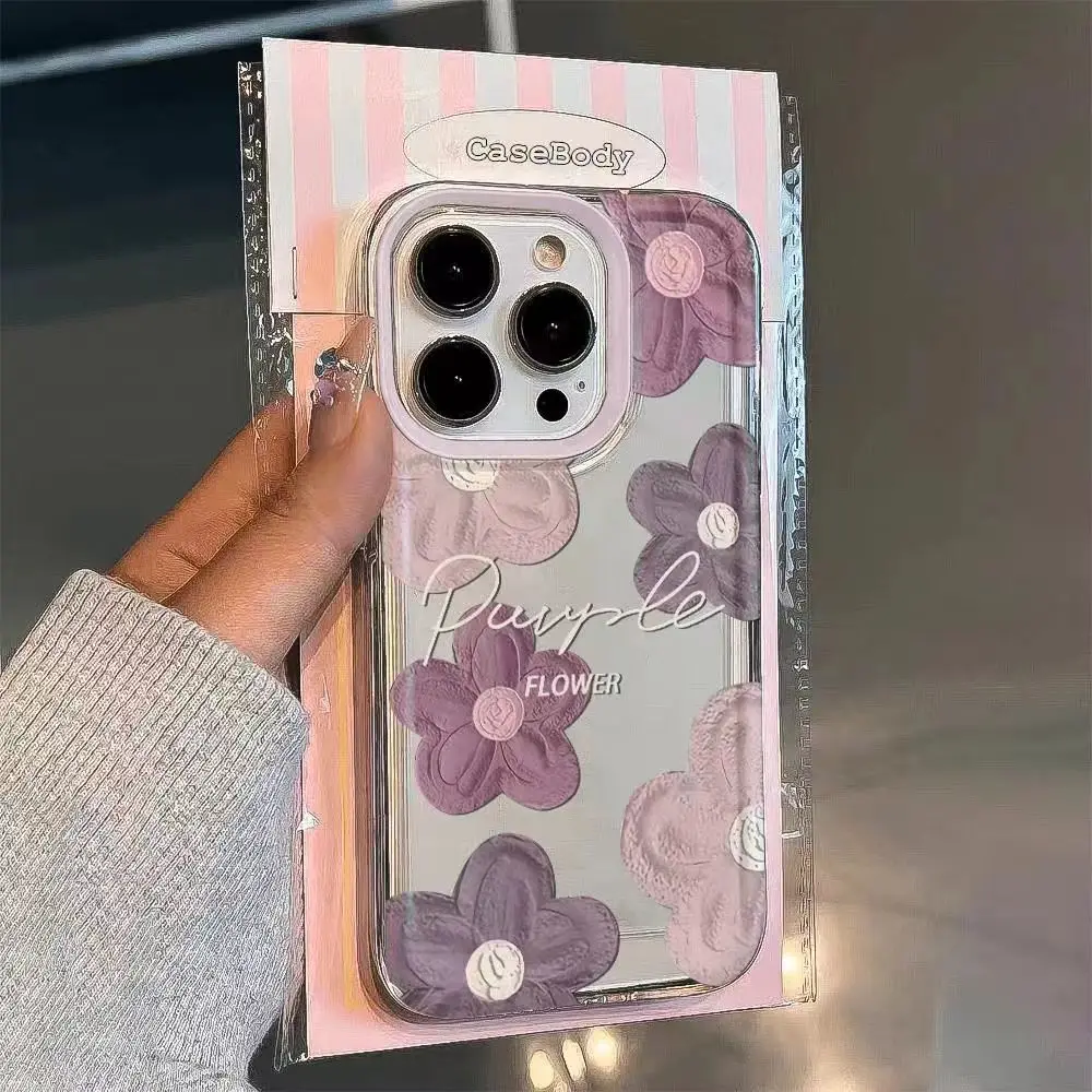 Simplicity Purple Oil Painting Flower Phone Case For iPhone 15 14 13 12 11Pro Max XR XS MAX 78Plus Y2K Girl Anti Fall Back Cover