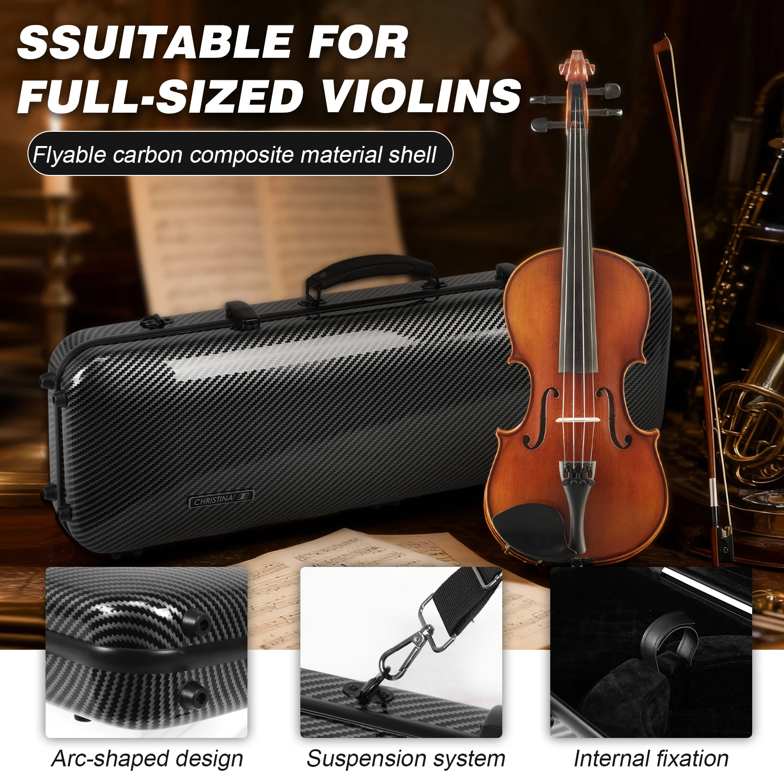 Étui pour violon oblong en composite de carbone avec bretelles, étui pour violon portable, boîte de protection pour violon de forme oblongue pour un usage quotidien