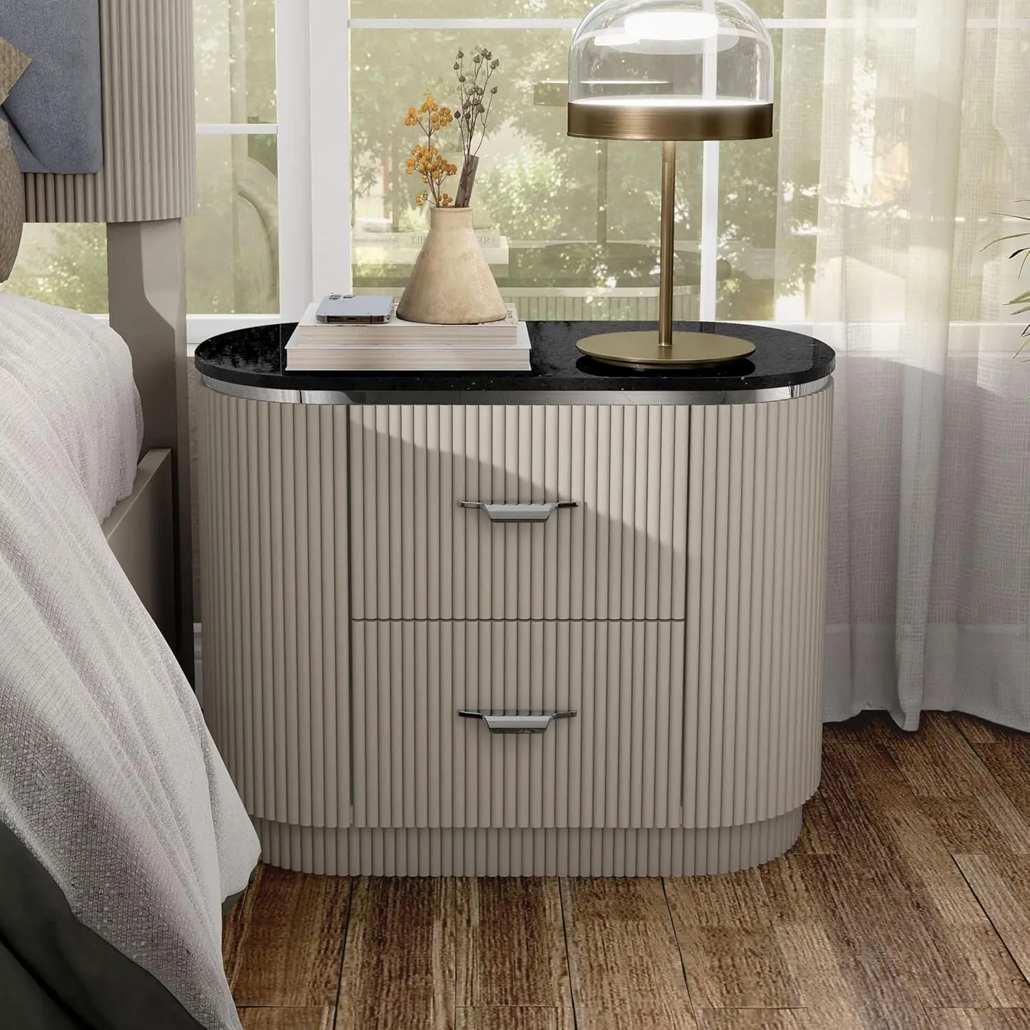 #Modern 2-Drawer Nightstand English Dovetail Design USB  Walnut Finish Bedroom Living Room