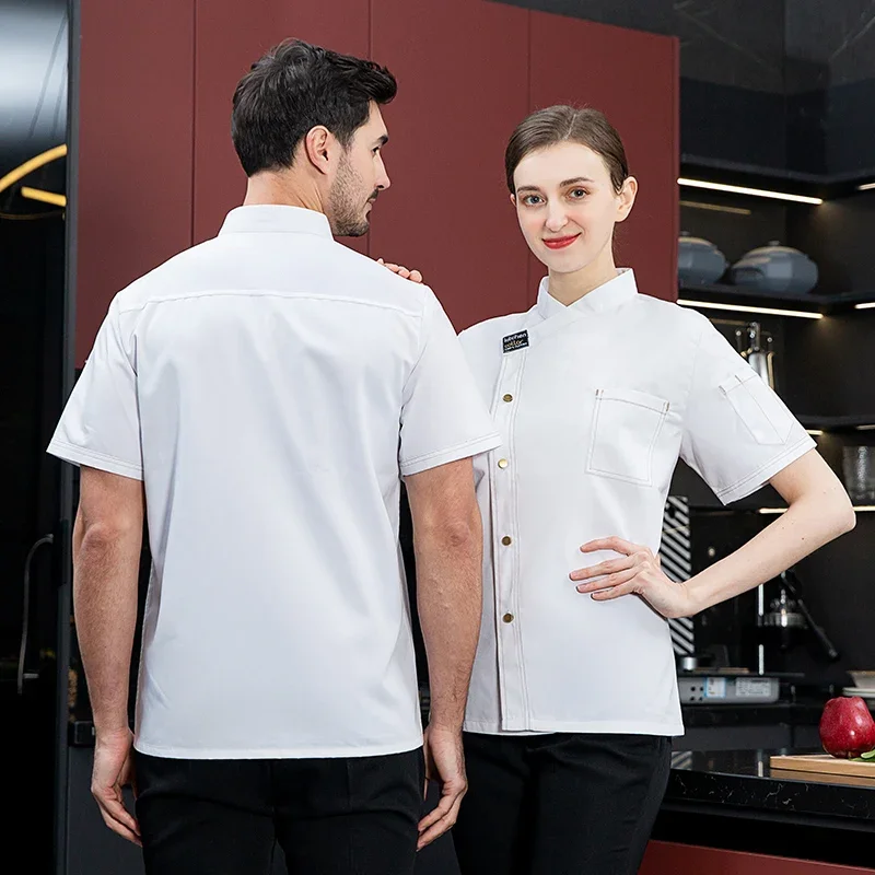 Black Unisex Kitchen hotel Chef Uniform Bakery FoodService Cook Short Sleeve shirt Breathable Double Breasted Chef Jacket clothe