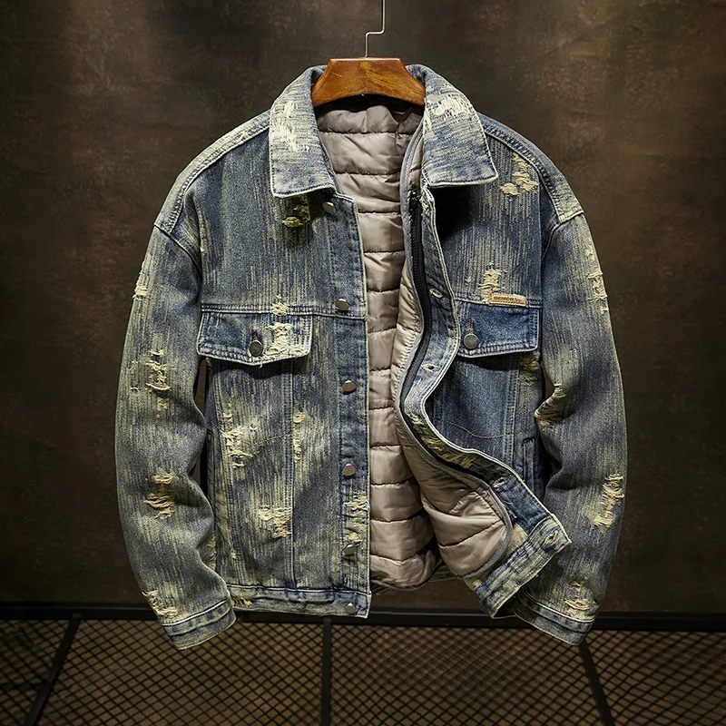 Removable high-end embroidery jacquard blue vintage old washed and worn men's denim jacket fall loose jacket men's models