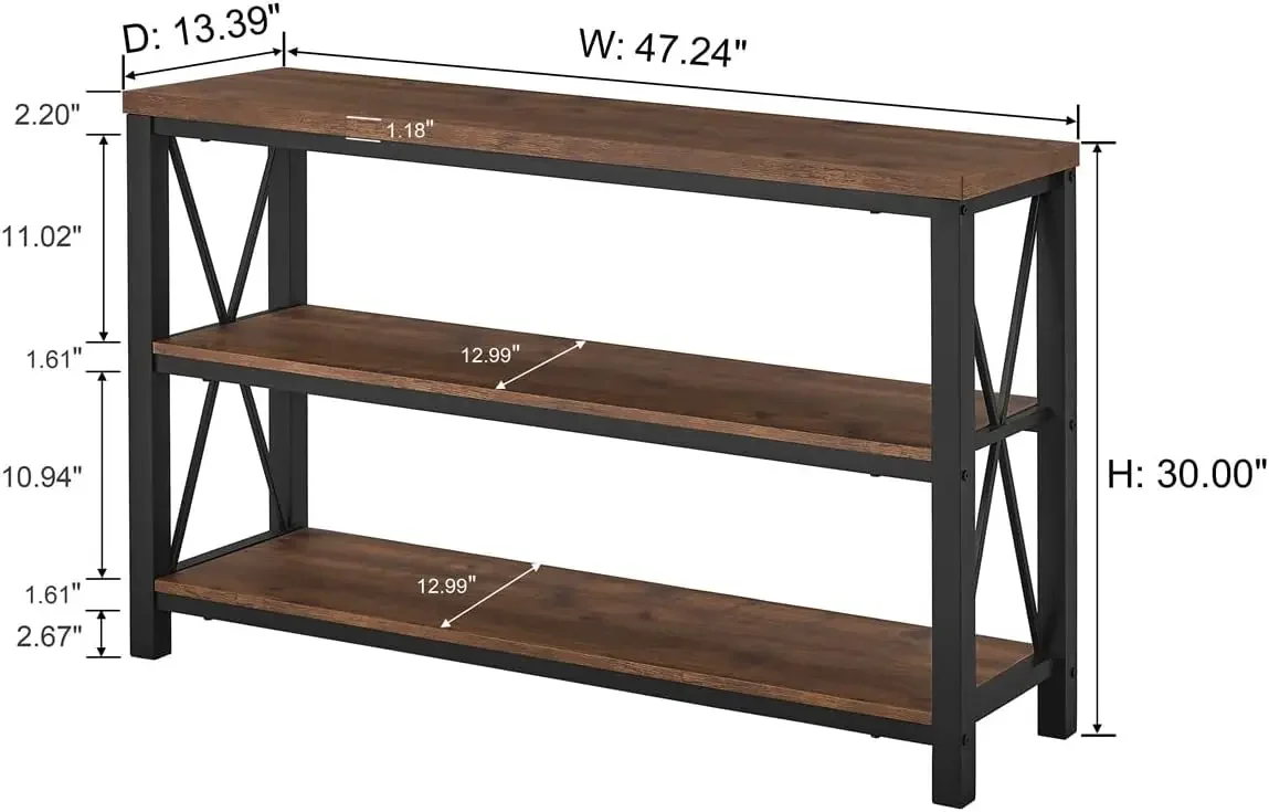 Rustic Console Table Behind Couch, Industrial Entryway Table with Shelves, 3 Tier Sofa Table for Living Room (47 Inch