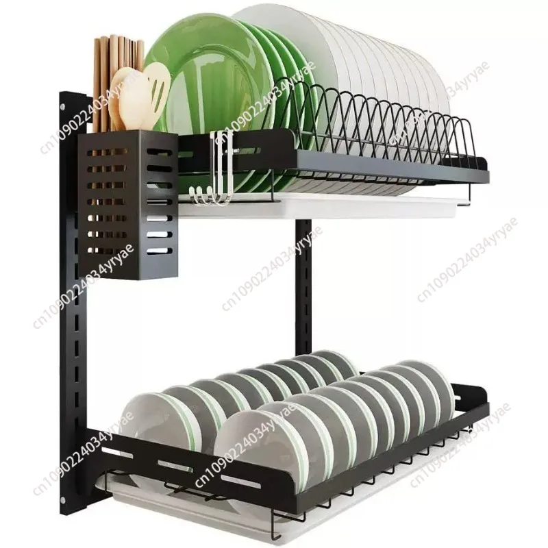 Kitchen Dish Rack,Hanging Dish Drying Rack Organizer Storage Shelf Over Sink,2 Tier Wall Mount Bowl Holder With Drain Tray