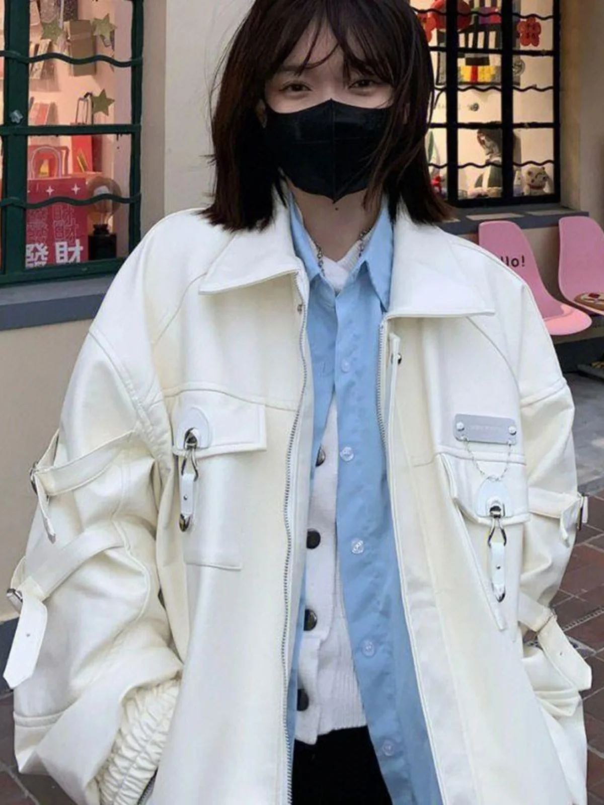 

Y2K Women's Loose Casual PU Leather Jaet Heart Ring Bule Aesthetic Cultural Design Sense Outerwear Square Collar Zipper