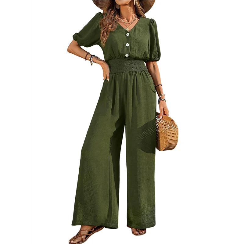 Kombinezony damskie ABP z krótkim rękawem, dekoltem w serek, eleganckie, codzienne, z szerokimi nogawkami.