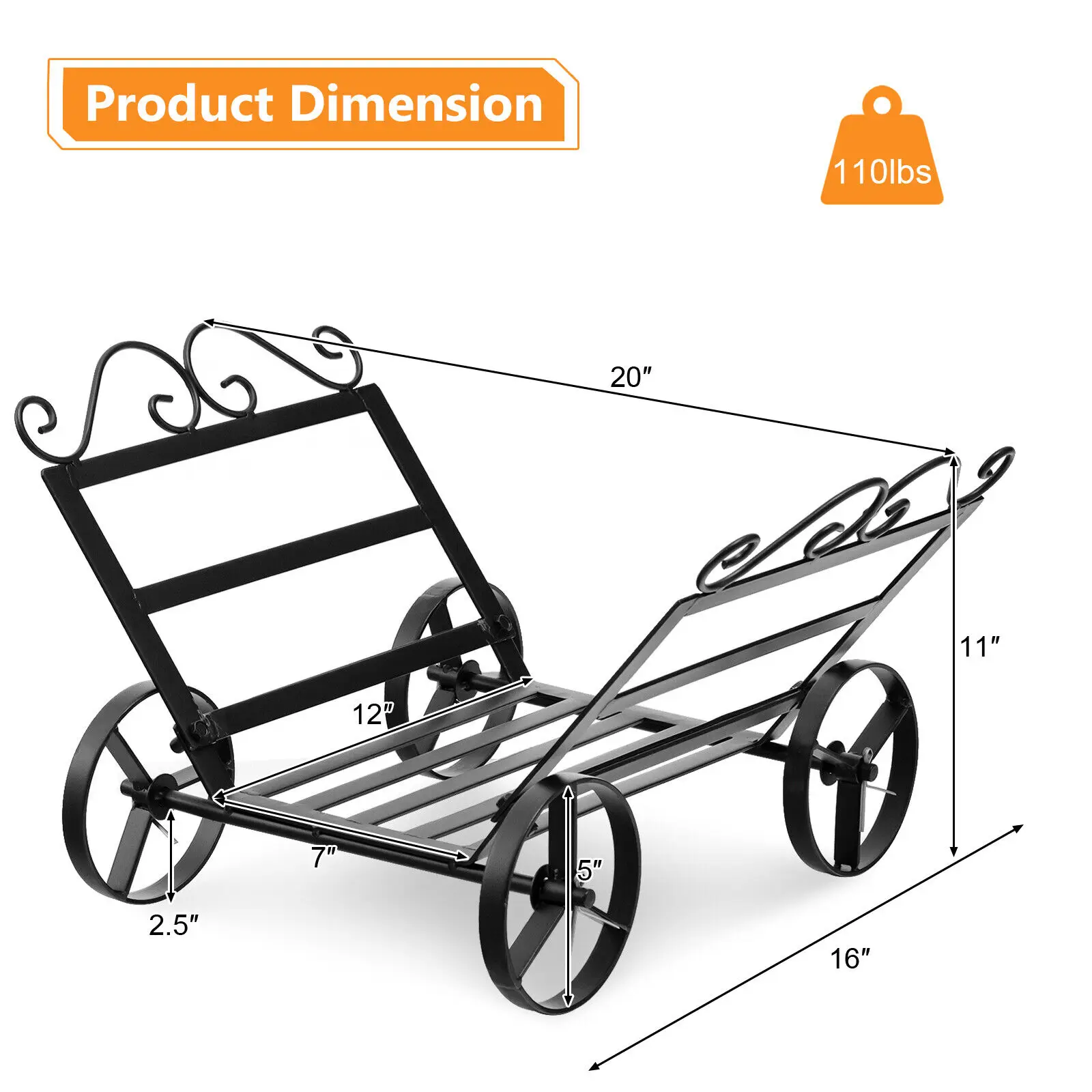 Costway Firewood Rack Decorative Rustproof Steel Fireplace Log Holder w/ Wheels