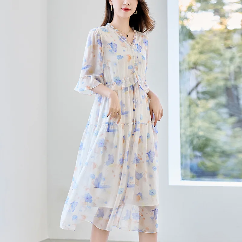 BirdTree, 100%Real Silk Elegant Dress, Women Short Sleeve V Neck Printed, French Retro Chic Dresses, 2024 Summer Fall D46788QC