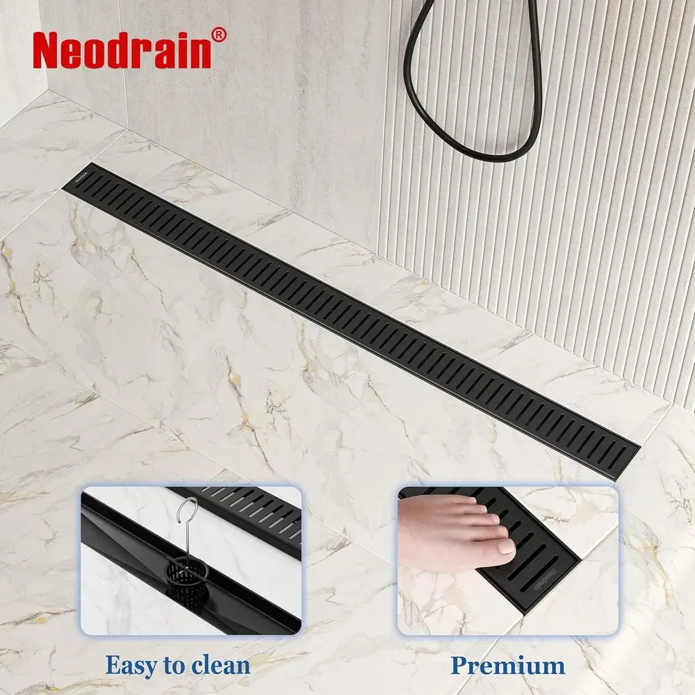 36 Matte Black Linear Shower Drain with Removable Grate, 304 Stainless Steel, CUPC Certified, Hair Strainer Included
