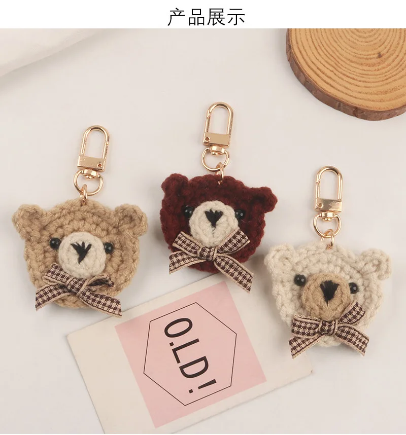 

Cartoon Plush Bow Tie Bear Keychain Cute Knitted Animal Keyrings For Women Earphone Case Pendant DIY Friendship Gifts Wholesale