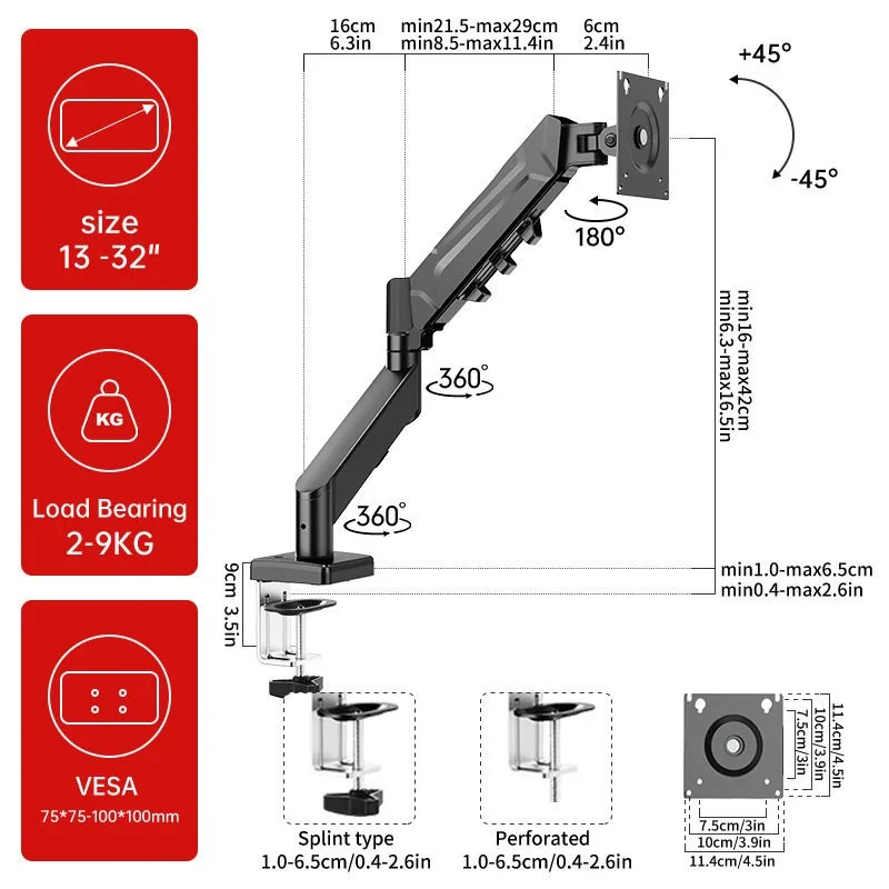 For Monitor Heightening Frame Can Clamp Pneumatic Lifting Computer Screen Holder, Suspended Rotating Desktop, No Punching