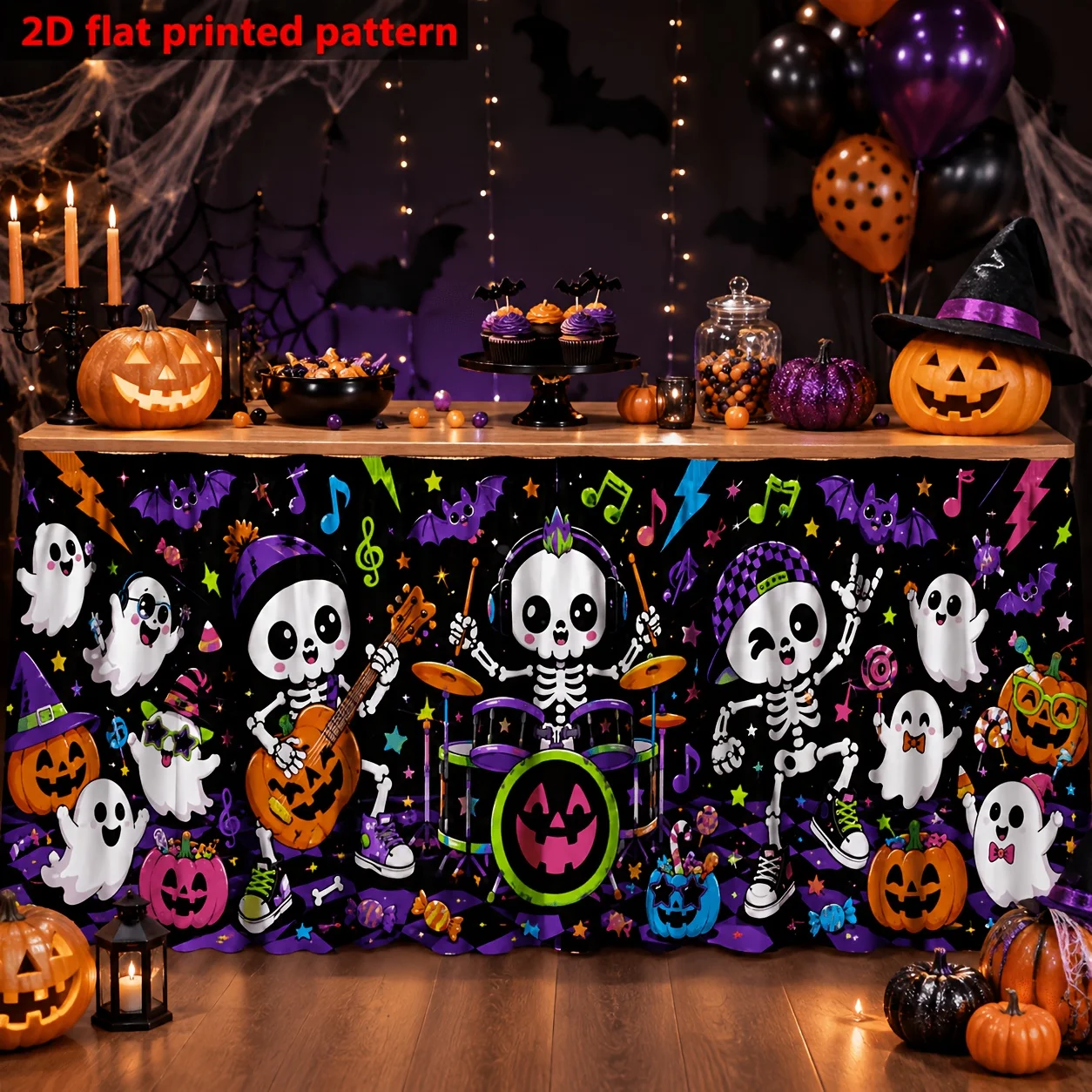 One tablecloth or table skirt - polyester printed with stone skulls, band ghosts, small trumpets, bats and musical notes.