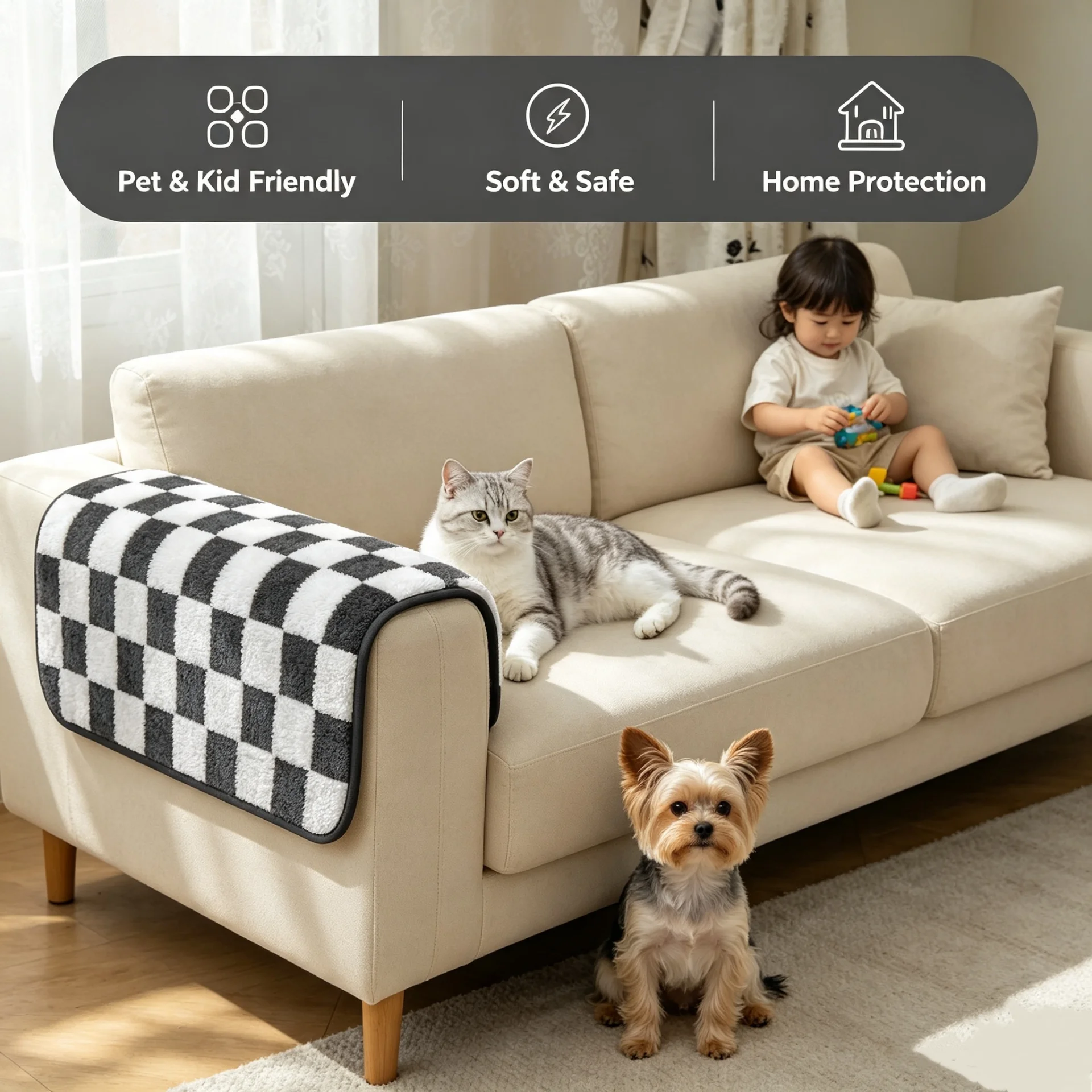 Checkerboard Fleece Anti‑Slip Sofa Cushion Universal Sofa Armrest Backrest Cover for Living Room Kids Pets Friendly Seat Pads