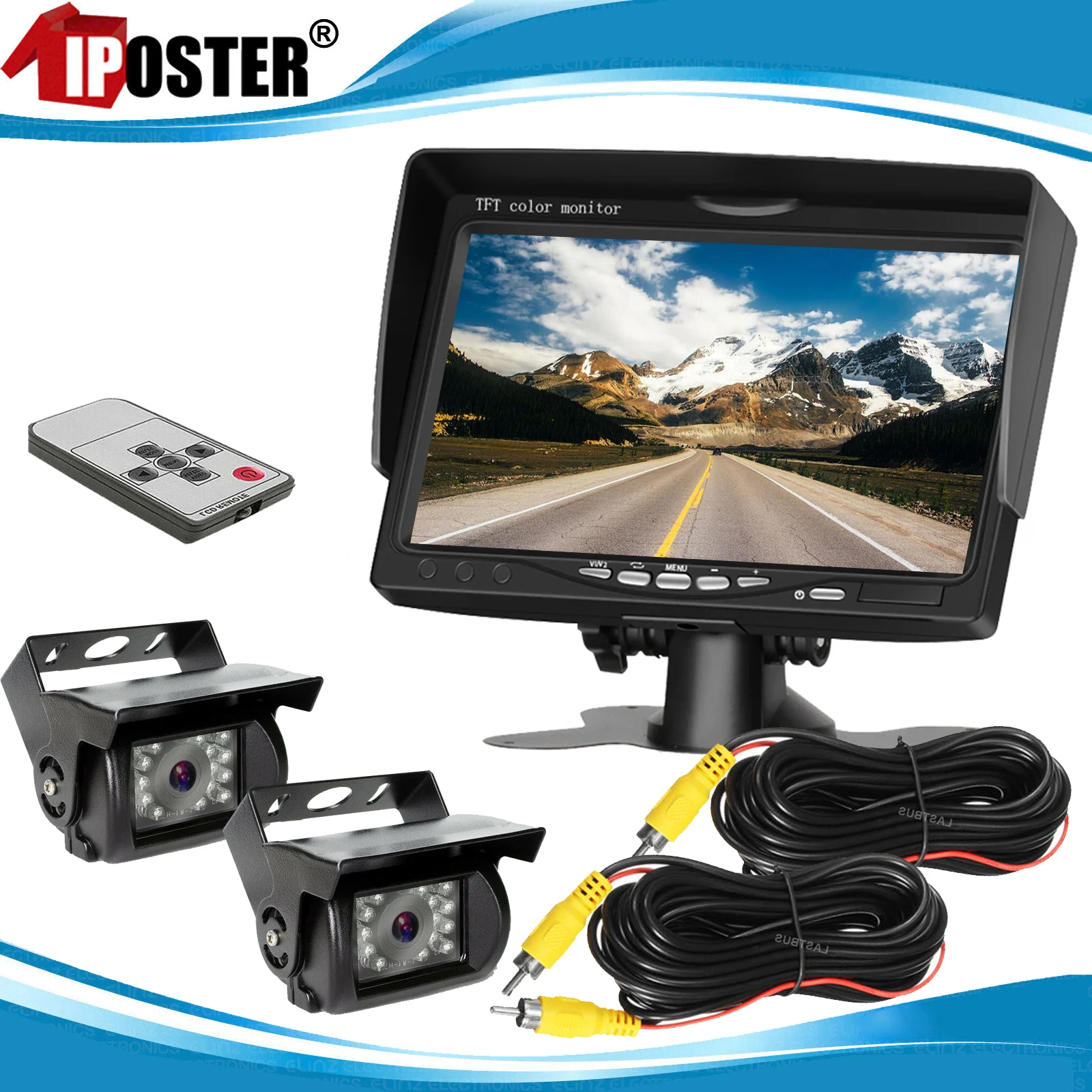 

iPoster 7" LCD Color TFT Rear View Monitor 800*480 Vehicle IR LED Back up Reversing Camera RCA Connector 10m Kit for Truck RV