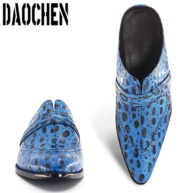 Luxury Mens Leather Shoes Blue Black Slip On Lizard Print Casual Dress Men Shoes Summer Party Banquet Half Shoes For Men