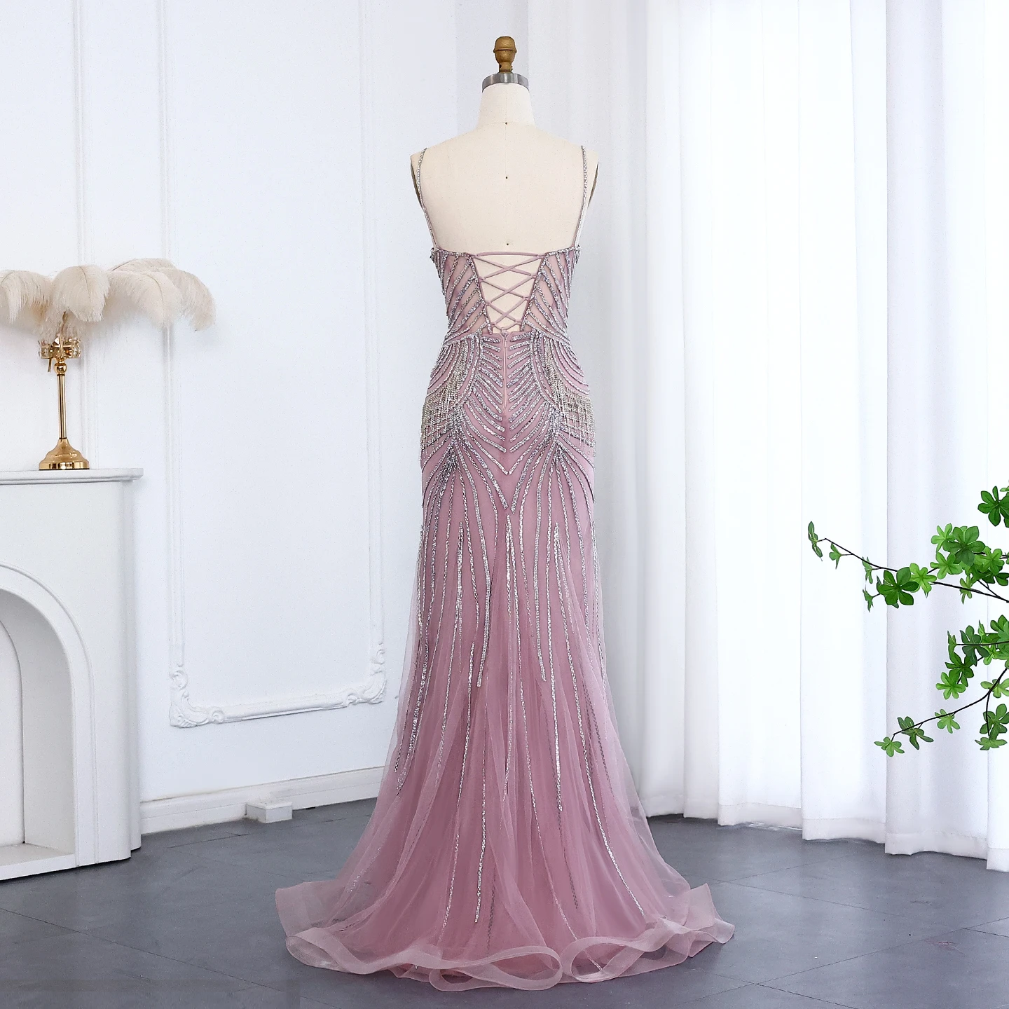 Sharon Said Luxuriöses Champagner-Abendkleid mit Spaghettiträgern, Perlenbesetztes Meerjungfrauenkleid, bodenlang, für formelle Anlässe und Partys, SS029, maßgeschneidert – Detail 26