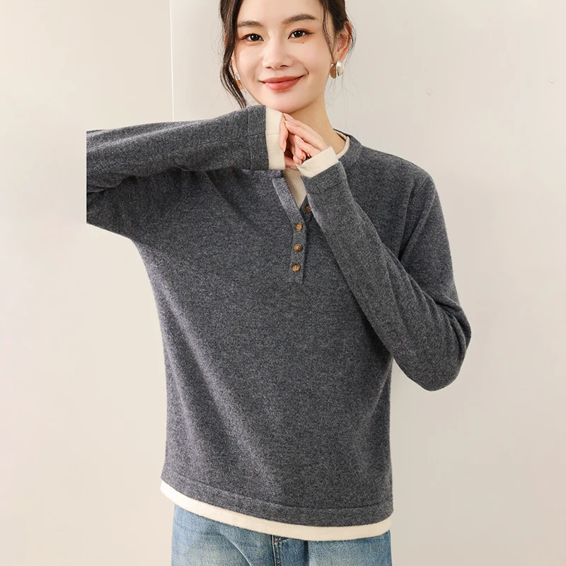 Outono inverno 100% lã camisola de manga comprida pulôver falso de duas peças moda casual feminino malhas minimalista lazer topo