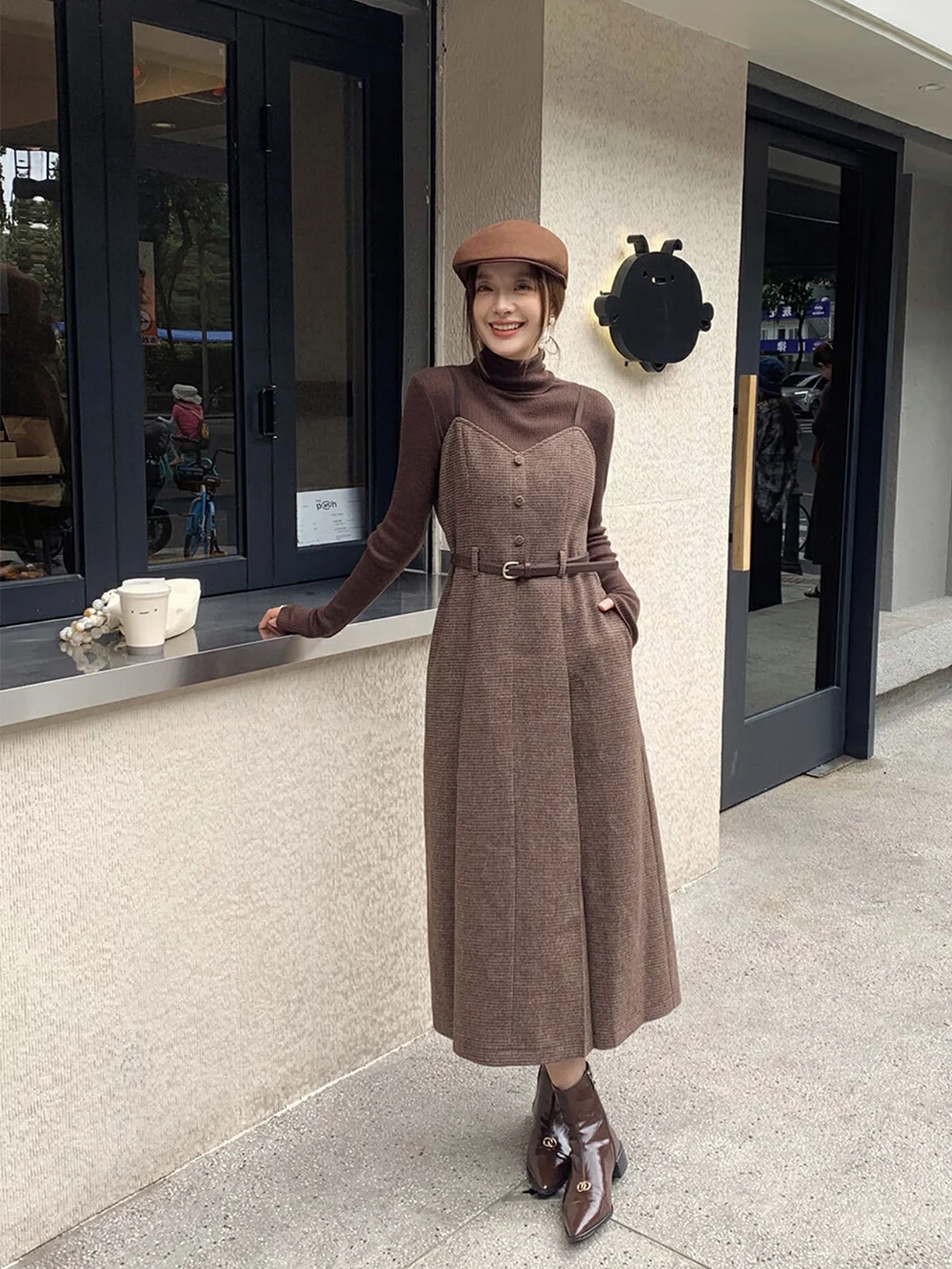 

Women Spaghetti Strap Dress, Retro Belt Ankle Skirt Lady, Casual British Clothing, Autumn Winter New