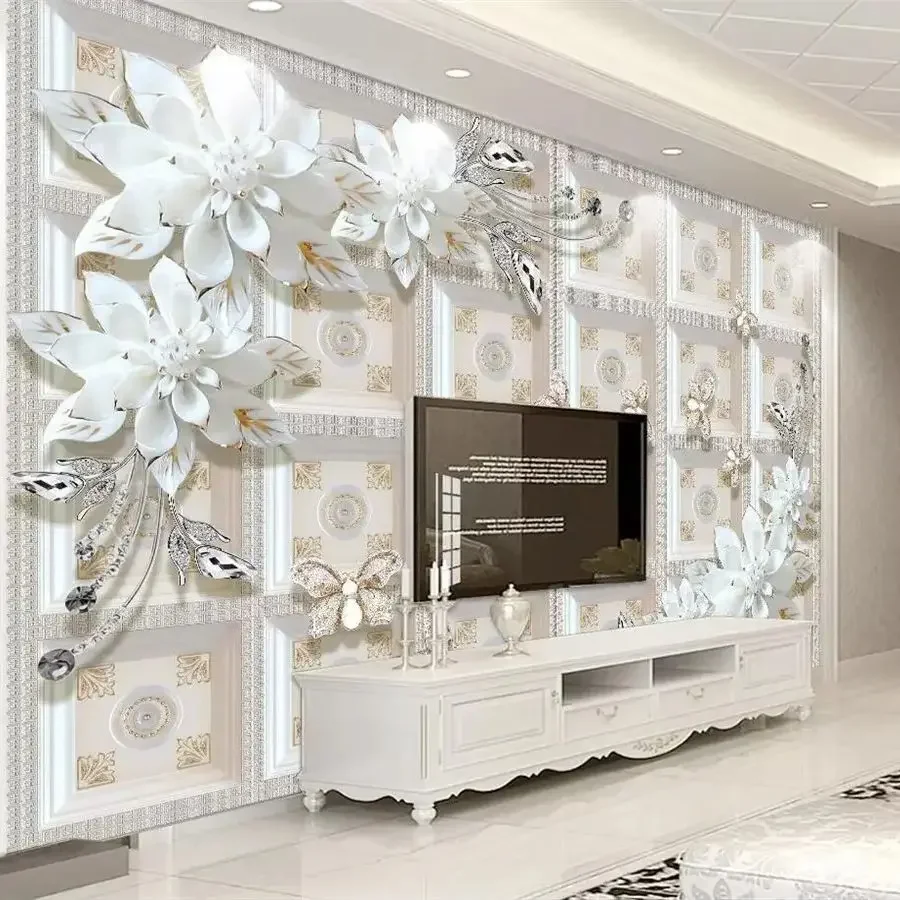 

Custom wallpaper 3D mural embossed jewelry flower modern minimalist European TV background wall soft bag diamond flower muralS